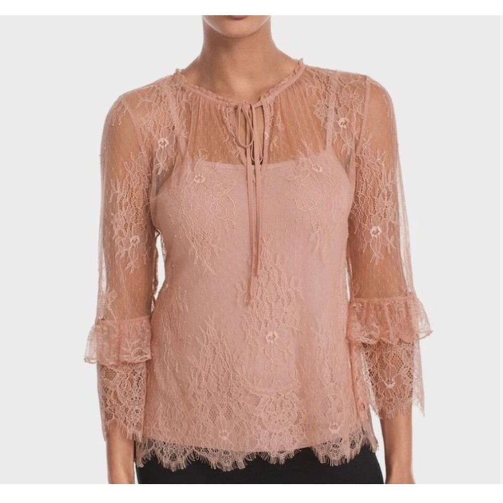 WHBM Pink Floral Lace Top Eyelash Trim Ruffle Sleeve Medium Romantic Fairy Boho - Picture 2 of 7
